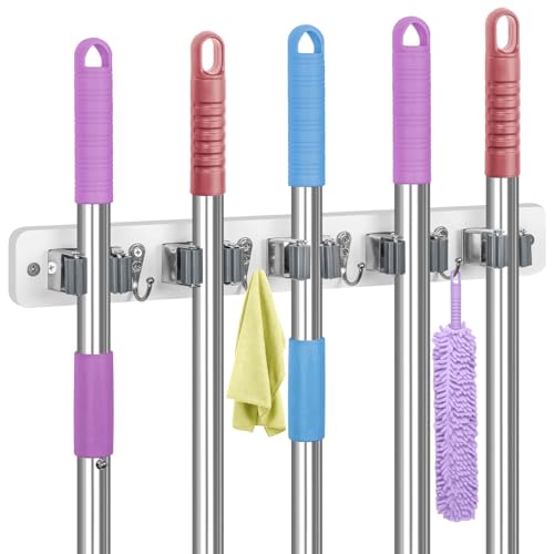 IMILLET Broom Holder Wall Mount, Wood Broom Holder with 5 Racks and 4 Hooks Broom Organizer, Laundry Room Organization and Storage, Mop Hanger for Home Organization, Garden, Garage, Closet (White) - style: Rustic