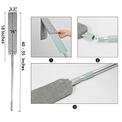 Dust Brush Under Appliance Microfiber Duster with Extension Pole (40 to 55 inches) Bendable, Washable, Extendable Gap Dusters for Sofa Bed Furniture Bottom - Wet or Dry Gray