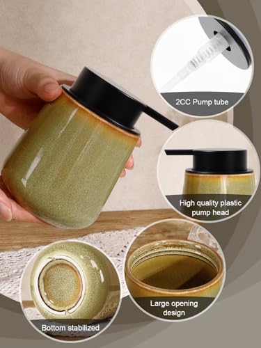 INGOFIN Ceramic Lotion Dispenser - 12 oz Refillable Hand Soap Dispenser Bathroom, Modern Liquid Soap Dispenser with Pump, Dish Dispenser for Kitchen,Kiln-Glazed Earthy Greenish-Brown - color: Kiln-glazed Greenish Brown-liquid