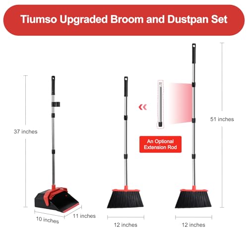 Tiumso Upgrade Broom with Dustpan Combo Set, Broom and Dustpan Set with 51'' Long Handle, Dust Pan and Brooms, ZeroGap Lip, Self-Cleaning Dustpans Teeth for Lobby Kitchen Restaurant - Black and Red - color: Black and Red