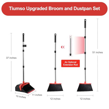 Tiumso Upgrade Broom with Dustpan Combo Set, Broom and Dustpan Set with 51'' Long Handle, Dust Pan and Brooms, ZeroGap Lip, Self-Cleaning Dustpans Teeth for Lobby Kitchen Restaurant - Black and Red - color: Black and Red