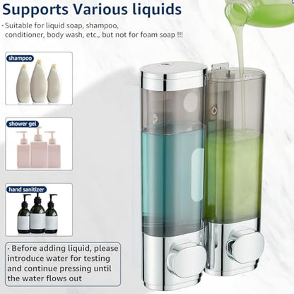 Pollock Shampoo and Conditioner Dispenser Wall Mounted, Shower Soap Dispenser 2 Chamber No Drill, Shampoo Dispenser for Shower, Body Wash Dispenser for Bathroom, Large Capacity, (Silver DG2 Chamber) - color: Silver Dg2 Chamber