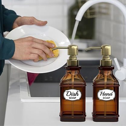 LMQML Soap Dispenser - 2 Pack, Antique Design Thick Amber Glass Hand Soap Dispensers with Sturdy Tray; 304 Rust Proof Stainless Steel Black Pump, 12Pcs Stickers, for Kitchen, Bathroom - Brushed Gold - color: Brushed Gold