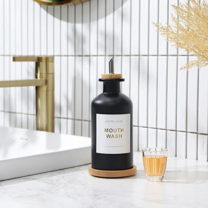 11.8OZ Glass Mouthwash Dispenser for Bathroom with Stainless Steel & Bamboo Nozzle, Mouthwash Cup Reusable, Bamboo Tray, and Elegant Gold Sticker.(Black) - color: Black/350*1