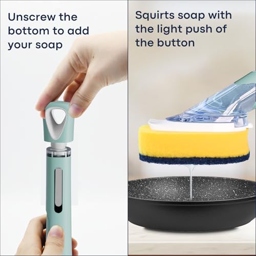 Dish Brush with Soap Dispenser Storage Set with 2 PCS Sponge Refills & Holder, Soap Dispensing Dish Brushes, Sponge with Soap Dispenser Handle, Dish Sponges with Handle for Dishes Pans Pots Sink - color: Blue