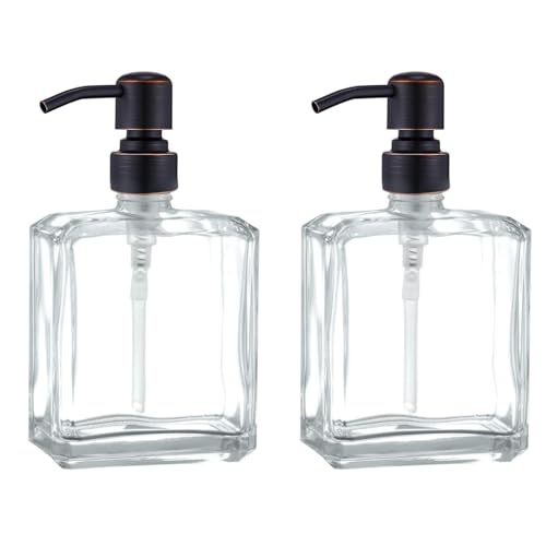 Square Clear Glass Dish Soap Dispenser Set 2 Pack, Oil Rubbed Bronze Refillable Hand Soap Dispenser with Rust Proof Stainless Steel Pump 2 x 13.5 oz Lotion Dispenser for Bathroom Vanity Kitchen - color: Oil Rubbed Bronze, size: 2X13.5oz-Square