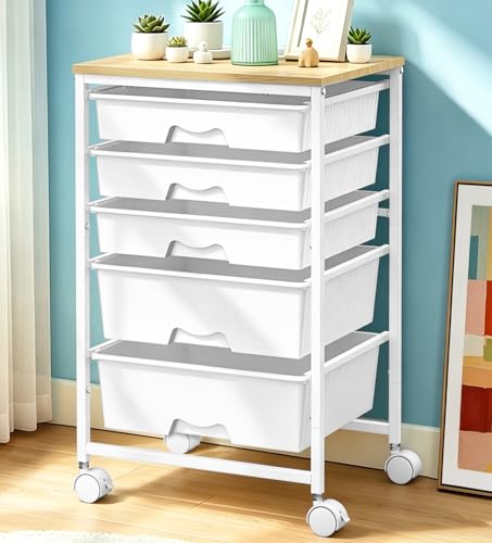 SUNALLY Rolling Carts With 5 Drawers, Storage Drawer Carts with Wooden Tabletop and 2 Lockable Wheels, Rolling Utility Cart for Craft Art Supply Storage & Home Office Organization, White - color: White