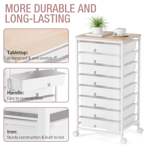 Storage Cart with 8 Drawers, Utility Cart with White Drawers and Wooden Tabletop, Craft Cart, Teacher Organization for Classroom,White - color: White