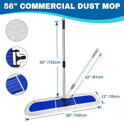 48 inch Commercial Dust Mop for Hardwood Floors, Large Size Dry Mop, Reusable Cotton Yarn Head, Telescopic Stainless Steel Handle, Industrial dust mops for Floor Cleaning, Marble, Blue