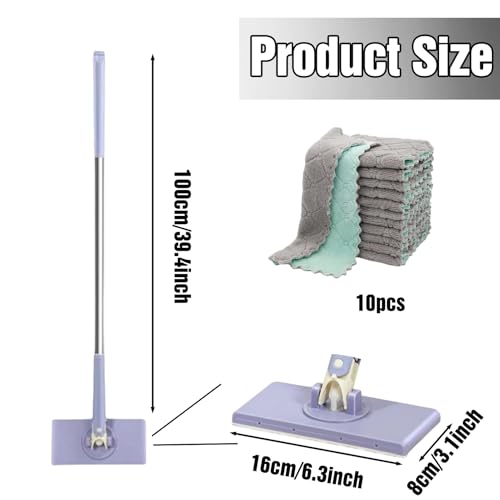 Snap Grip Mini Mop, Lazy Zero Touch Mini Mops with 10 Reusable Cloths, One-Click Cloth Change, Locking Head, Long Handle, Retractable Dust Mops for Multi-Surface Cleaning (Purple) - color: Purple