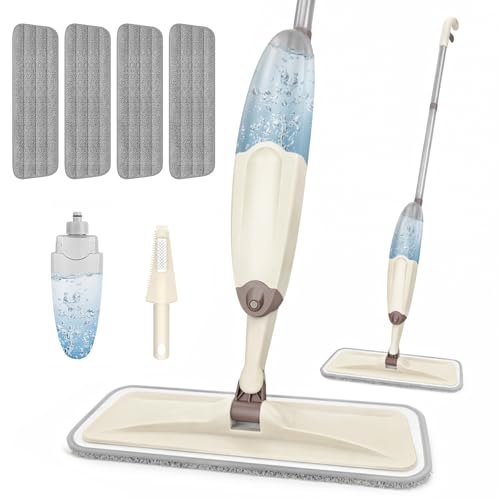 HOMTOYOU Wet Mop for Floor Cleaning: Spray Mop for Multi-Surface Floors | Wet Dry Use, 4 Pcs Microfiber Washable Pads, 400+ML Refillable Bottle, 360° Swivel Head, Beige - color: Beige