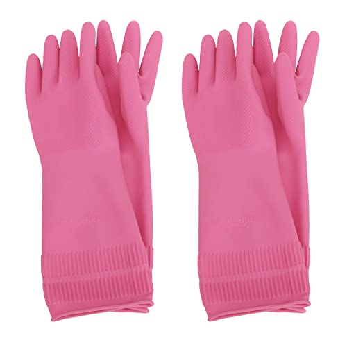 Myungjin (2 Pairs Reusable Waterproof Household Dishwashing Non-Slip Cleaning Latex Rubber Kitchen Gloves (Pink, Medium) - size: Medium 21cm x 37 cm