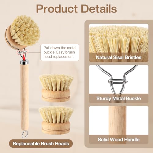 5 Pcs Bamboo Dish Brush Set Includes 1 Wooden Handle with 3 Natural Replaceable Bristle Heads and 1 Handheld Bamboo Wok Brush Scrubber for Dishes Pans Pots Fruit and Veggie Washing(Style B)