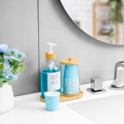 VITVITI Mouthwash Dispenser for Bathroom, Mouth Wash Pump Bottle with Paper Cup Holder, 17Oz Refillable Clear Mouthwash Container with Bamboo Lid/Tray/Label - color: Clear