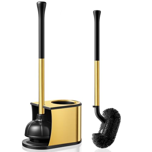 HAMITOR Toilet Plunger and Brush Set: 2 in 1 Stainless Steel Combo with Curved Bristles - Heavy Duty Toilet Unclogging for Family Bathroom - Compact Hideaway Apartment Cleaning Accessories - Gold - color: Gold