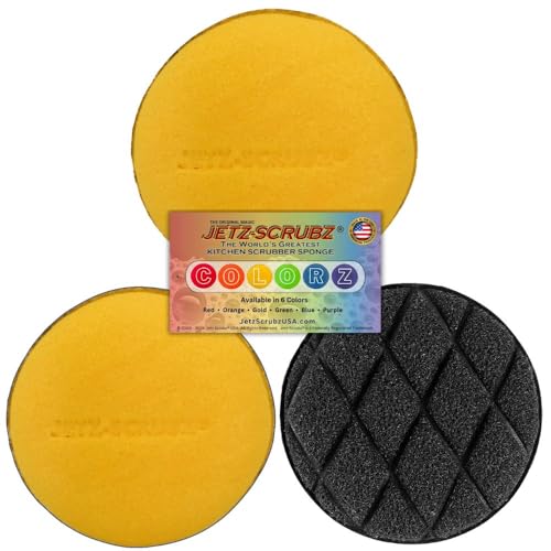 Jetz-Scrubz Scratch-Free Kitchen Scrubber Sponge – Dual Sided Non-Scratch Dish Cleaning Sponge for Cookware, Dishes & Kitchen Surfaces – Odor Resistant, Reusable – Round Scrub Sponges (3 Pack, Yellow) - color: Yellow