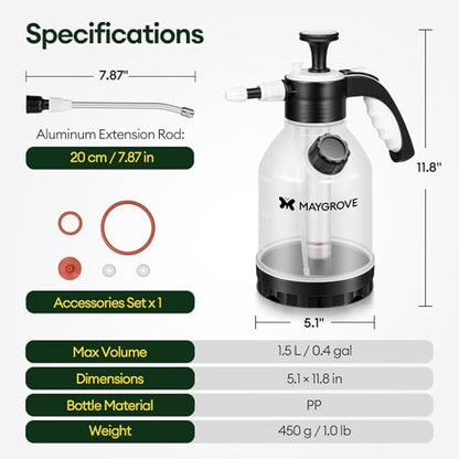 MAYGROVE 50oz Pump Sprayer, Hand Water Spray Bottle for Indoor Plant, Clear Plant Sprayer with Side Filling Port, Measuring Cup, Adjustable Nozzles, Safe Pressure Relief Valve