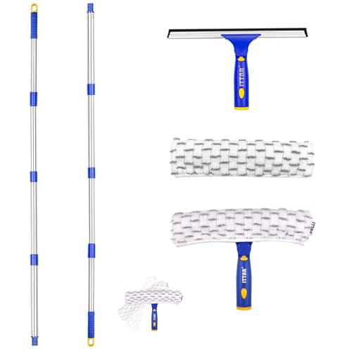 ITTAR Window Squeegee with 2 Sets Stainless Steel Pole, Squeegee Cleaning Tools with Microfiber Pads, 60"-72" Telescopic Window Washing Kit, Professional Squeegee Cleaner for Home Car Outside Glass