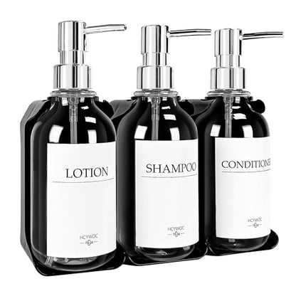 Shampoo and Conditioner Dispenser, Shower Soap Dispenser with 16 Waterproof Labels, Shampoo Dispenser for Shower Wall, Shower Dispenser 3 Chamber No Drill, 17oz, Clear - color: Clear Bottle + Silver Pump