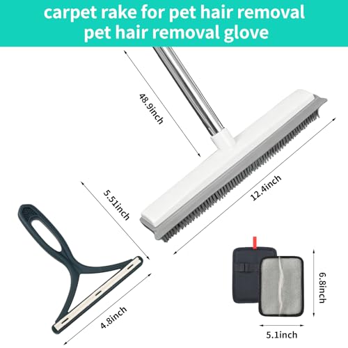 Carpet Rake for Pet Hair Removal, Adjustable Rubber Broom with Squeegee, 4-Piece Pet Hair Remover Kit with Gloves & Scraper for Dog & Cat Hair, Rugs, Couch, Car Seats