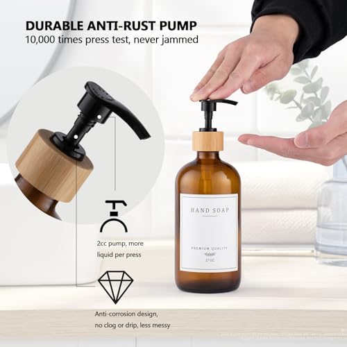 Amber Glass Soap Dispenser - Dish Hand Soap Dispenser for Kitchen Set, Soap Lotion Dispenser Bathroom with Sturdy Pump and Tray, 14 Waterproof Labels,Refillable Dispenser-Amber - color: Amber Bottle + 14 Labels + Funnel + Tray