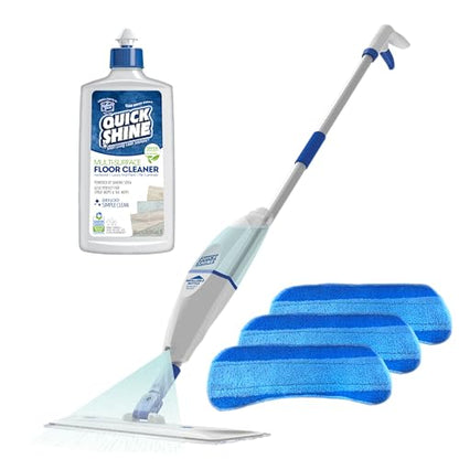Quick Shine Spray Mop Kit with 3 Reusable Mop Pads & 1 Safer Choice Multi-Surface Floor Cleaner 16oz | Quick & Easy Cleaning | No Batteries Required | Refillable Cleaning Cartridge,White - size: Mop with 3 Refill Pads