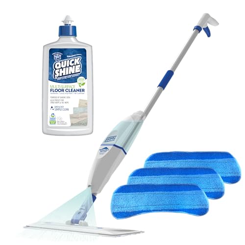 Quick Shine Spray Mop Kit with 3 Reusable Mop Pads & 1 Safer Choice Multi-Surface Floor Cleaner 16oz | Quick & Easy Cleaning | No Batteries Required | Refillable Cleaning Cartridge,White - size: Mop with 3 Refill Pads
