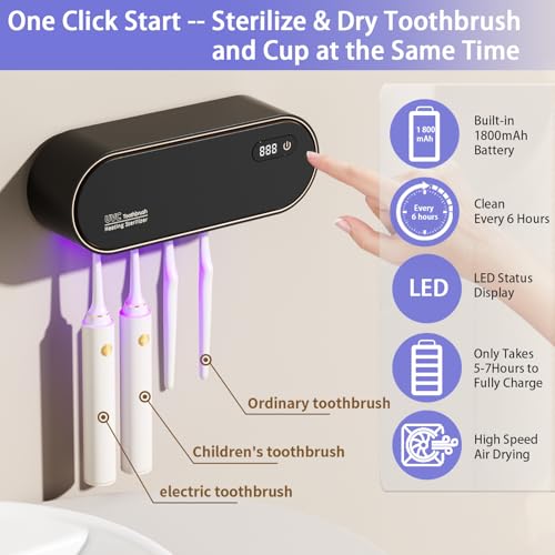 Toothbrush Holder Wall Mounted, Cleaning Box with Smart Drying and Cleaning, Toothbrush Holder with 4 Toothbrush Slots, Toothbrush Organizer for Bathroom (Black - 4 Slots) - color: Black - 4 Slots