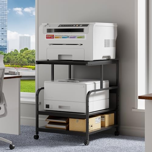 Warmiehomy Printer Stand, 24''×24''×29'' Large Printer Table for Home Office with Locking Casters, Sturdy 3-Tier Rolling Cart with Adjustable Shelf, Mini Fridge Stand, Home Office Essentials, Black - color: Black, size: 3-Tier 23.62"W x 23.62"D x 29.13"H
