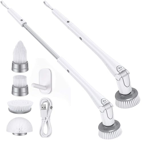 Tilswall Cordless Electric Spin Scrubber - IPX7 Waterproof Cleaning Brush with 180Min Runtime & 43" Extendable Handle, Ideal Gift for Home/Bathroom/Car (Includes 4 Brush Heads) - color: White