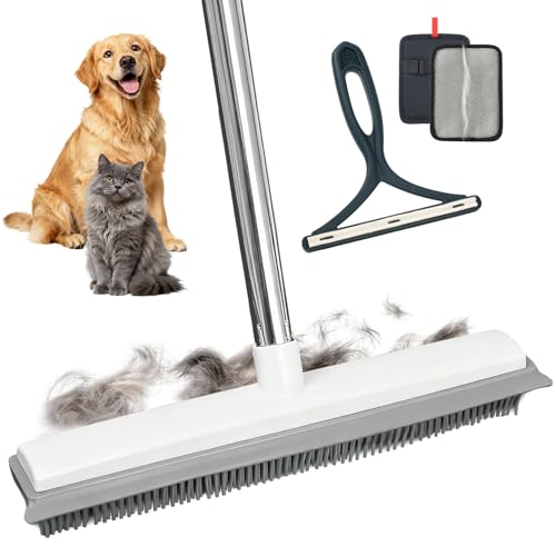 Carpet Rake for Pet Hair Removal, Adjustable Rubber Broom with Squeegee, 4-Piece Pet Hair Remover Kit with Gloves & Scraper for Dog & Cat Hair, Rugs, Couch, Car Seats