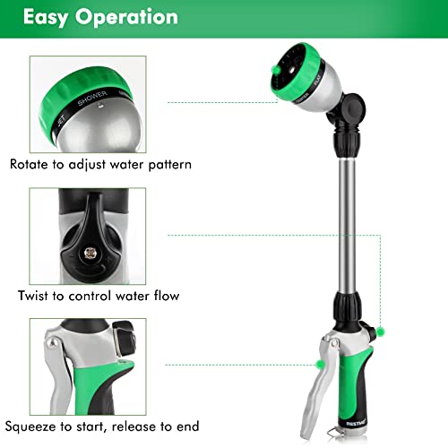 RESTMO Metal Watering Wand, Heavy Duty Garden Hose Wand with 180° Swivel Ratcheting Head, 16-Inch Hose Nozzle Sprayer with 7 Spray Patterns and Flow Control, Ideal to Water Hanging Baskets and Shrubs - color: Green