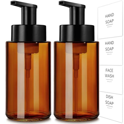RYTOXILO Amber Foam Soap Dispenser, 10 oz/300ml Glass Foaming Soap Dispenser, 2 Pcs Foaming Hand Dispenser for Bathroom & Kitchen, Refillable Bottle with Waterproof Labels - color: Amber Bottle, size: 10 Fl oz