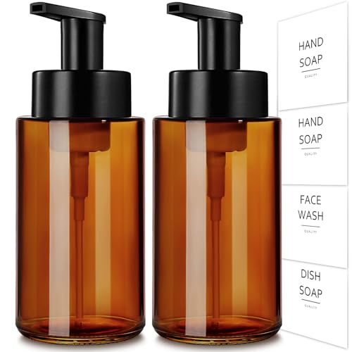 RYTOXILO Amber Foam Soap Dispenser, 10 oz/300ml Glass Foaming Soap Dispenser, 2 Pcs Foaming Hand Dispenser for Bathroom & Kitchen, Refillable Bottle with Waterproof Labels - color: Amber Bottle, size: 10 Fl oz
