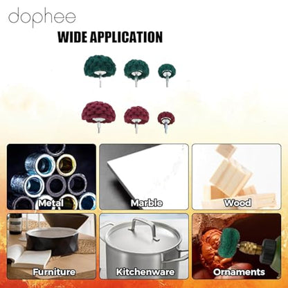 dophee 6Pcs Scouring Pads Non Woven Abrasive Drill Polishing Cleaning Kit 1/4" Shank Half Ball Shape Buffing Wheel, 3 120# Green and 3 400# Red - style: 120# 400#