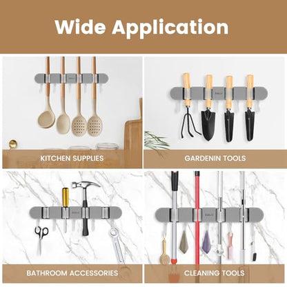 3PCS Broom Holder Wall Mount, No-Drilling Self-Adhesive Mop and Broom Storage Rack (4 Racks with 5 Hooks),Wall-Mounted Broom Hanger for Bathroom, Kitchen, Closet, Garage (Gray)