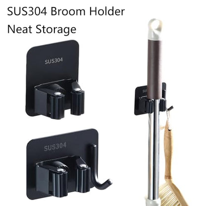 SagaSave 2PCS Wall Mounted Broom Holder Mop Self-Adhesive Holder Mop Broom Organizer with Hooks Hanger Drill-Free Holder for Bathroom Kitchen - size: 2 Size