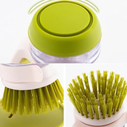 Soap Dispensing Dish Brush with Holder and Drip Tray, Kitchen Scrub Brush for Pans and Sinks, Refillable Dish Detergent Dispenser for Easy Cleaning (Green) - color: Green