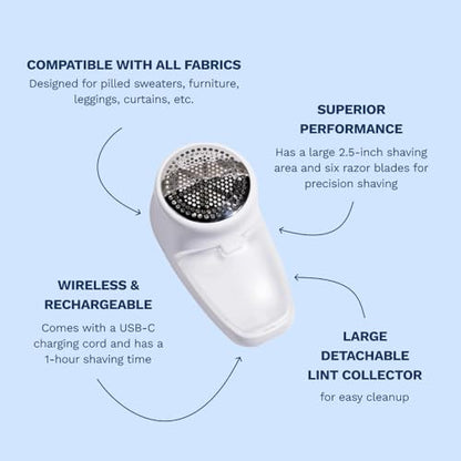 Nori Trim Fabric Shaver - Lint Remover for Clothes & Furniture Couch Pilling - Sweater Pill Remover - Clothes Shaver with 6 Precision Blades - Wireless and Rechargeable - White - color: White