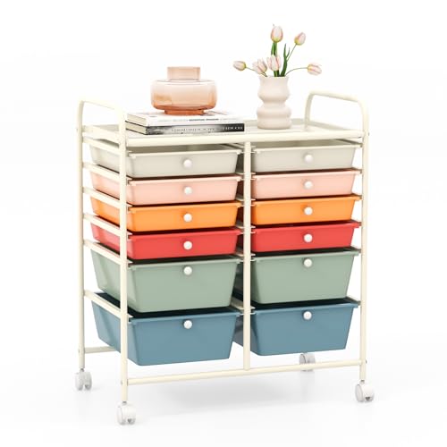 GOFLAME 12-Drawer Rolling Storage Cart, Multipurpose Organizer with 2 Sizes Plastic Drawers, Mobile Utility Cart with Lockable Casters for Home, Office, Beauty Salon, School, Macaron Color - color: Macaron Color, size: 12-Drawer-2