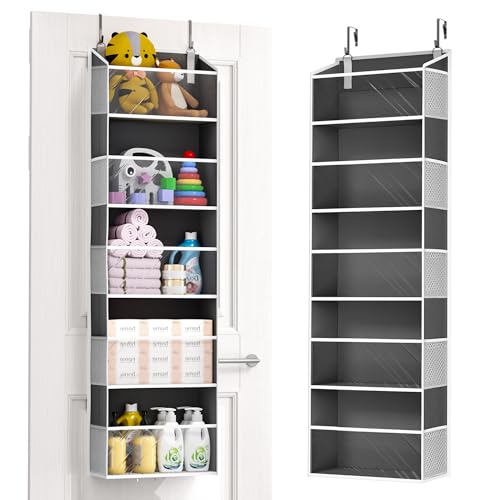 ULG 1-Pack Over Door Organizer with 5 Large Pockets 10 Mesh Side Pockets, 44 lbs Weight Capacity Hanging Storage Organizer with Clear Window for Bedroom Bathroom, RV, Clear Dark Grey - color: Clear Dark Grey, size: 1 Pack-5 Tier
