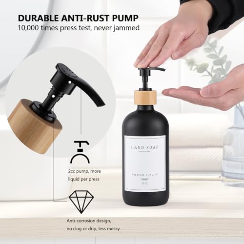 Black Glass Soap Dispenser - Hand Dish Soap Dispenser Set for Kitchen with Sturdy Pump and Tray, 14 Waterproof Labels, Bathroom Refillable Soap Lotion Dispenser-Black - color: Black Bottle + 14 Labels + Funnel + Tray