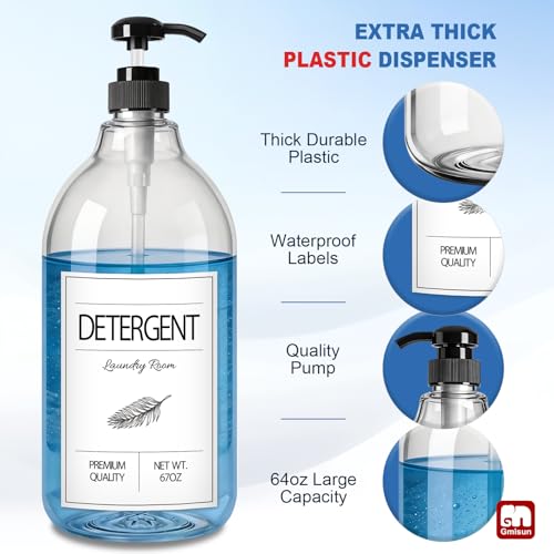 GMISUN Laundry Detergent Soap Dispenser, Liquid Laundry Detergent Dispenser, Container for Farmhouse Laundry Room Decor, Organizer for Liquid SoftenerBleach Heavy Duty Plastic Bottle(64 Oz 3 Pack)