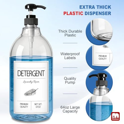 GMISUN Laundry Detergent Soap Dispenser, Liquid Laundry Detergent Dispenser, Container for Farmhouse Laundry Room Decor, Organizer for Liquid SoftenerBleach Heavy Duty Plastic Bottle(64 Oz 3 Pack)