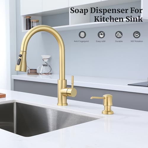 Sink Soap Dispenser for Kitchen Sink Brushed Gold Upgrade with 40" Silicone Kitchen Soap Extension Hose, Connect to Your Soap Bottle Directly - color: Brushed Gold, size: with Tube Kit