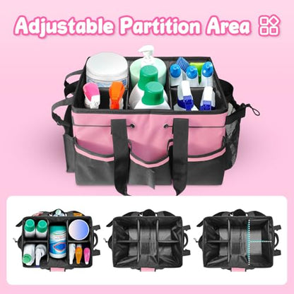 Grekos Large Cleaning Caddy Bags, Cleaning Caddy Suppliers Organizer with 4 Detachable Divider, Supply Caddy With Adjustable Shoulder Strap & Waist Belt For Housekeepers, Home, Car(Pink) - color: Pink