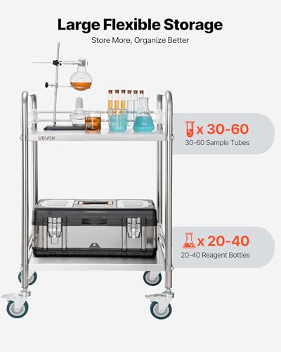 VEVOR Stainless Steel Rolling Cart, 2-Tier Metal Utility Cart with Lockable Wheels, Medical Serving Trolley Clinic Tray, Mobile Service Cart for Hospital, Lab, Restaurant, Kitchen, Salon - size: 2-Layer Shelf