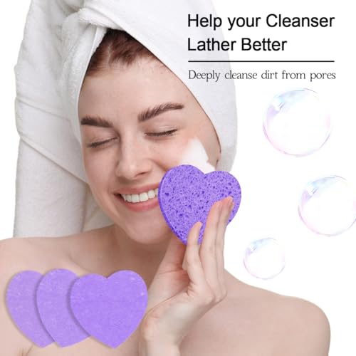 100-Count Compressed Facial Sponges for Estheticians Heart Shape Natural Cellulose Sponge Professional Cosmetic Spa Sponges for Face Cleansing, Massage, Pore Exfoliating, Mask, Makeup Removal, Purple - color: 100- Pack Purple