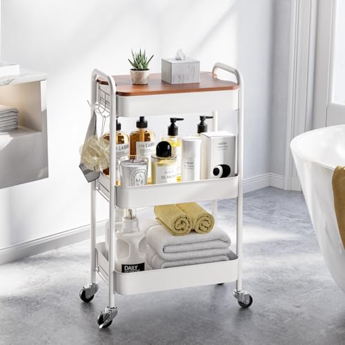 TOOLF 3-Tier Rolling Cart with Table Top, Metal Storage Cart on Wheels, Utility Organizer with Wooden Tray, Lockable Casters, Easy Assembly for Bathroom, Living Room, Office, Kitchen, White - color: White