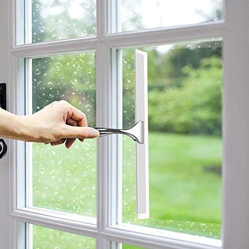 BININBOX Shower Squeegee for Shower Doors, Window, Bathroom, Mirror and Car Glass, All-Purpose Cleaning Squeegee with Powerful Suction Cup Hooks Holder – Stainless Steel, 10 Inches. (Silver)